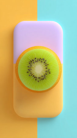 A vibrant image of a kiwi slice placed on a colorful, abstract background.の素材
