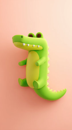 A vibrant green alligator plush toy against a soft pink backdrop, perfect for children.の素材
