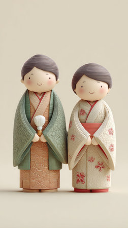 Two charming Japanese dolls in traditional kimono, showcasing cultural heritage and artistry.の素材
