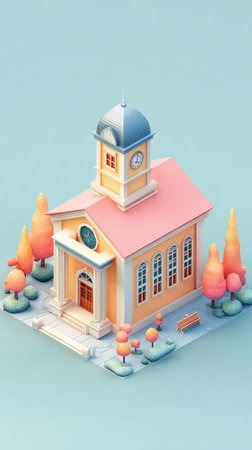 A colorful isometric illustration of a church building with trees and a blue sky background. The image is well-lit and has a clean, modern aesthetic.の素材