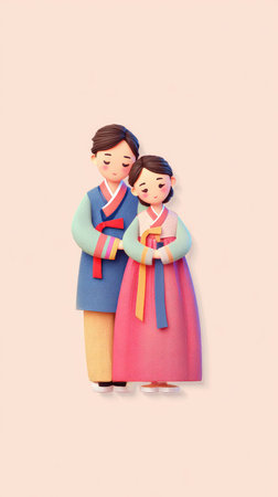 Illustration of a Korean couple dressed in traditional Hanbok clothing, standing together.の素材