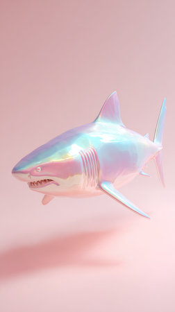 A holographic shark figurine against a soft pink backdrop, creating a whimsical and artistic visual.の素材