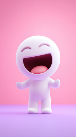 A cheerful white figure with a big smile and open arms, set against a pink and purple background.の素材