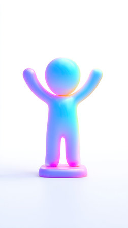 A vibrant, colorful figurine with arms raised, exuding joy and celebration against a white background.の素材