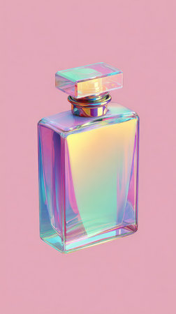 A beautiful iridescent perfume bottle against a soft pink backdrop.の素材