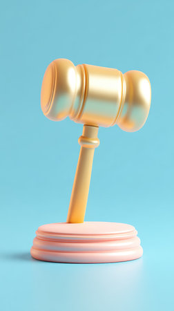 A golden gavel on a pink base against a blue background, symbolizing justice and law.の素材