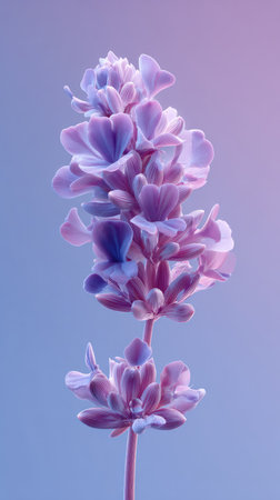A close-up shot of a lavender flower, showcasing its intricate details and soft purple hues against a blurred background.の素材