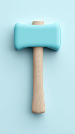 A hammer with a blue head and wooden handle, set against a light blue background. Minimalist and clean.の素材