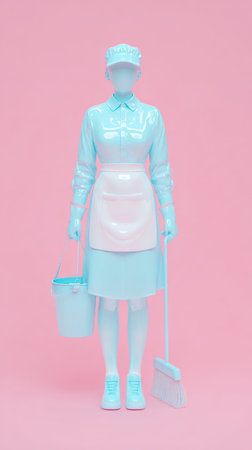 A blue and white maid figure on a pink background, with cleaning tools.の素材