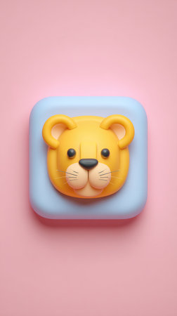 A cute lion face design on a blue square against a pink background. Perfect for childrens products.の素材