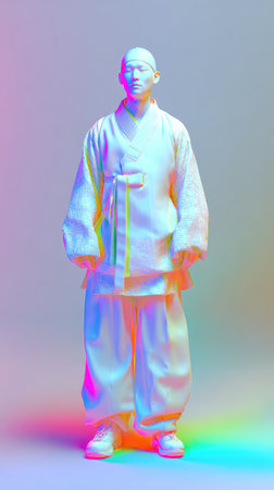 A serene statue of a monk, bathed in gentle, colorful light, evoking peace and contemplation.の素材
