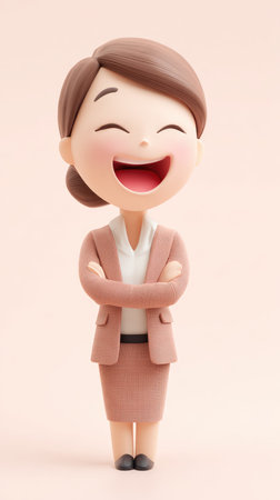 A cartoon illustration of a cheerful businesswoman with a big smile, arms crossed, wearing a suit.の素材