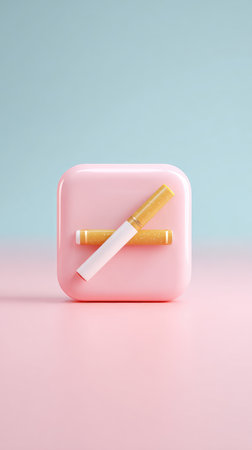 Conceptual image of a cigarette placed on a pink surface, representing the concept of no smoking.の素材