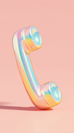 A colorful, iridescent telephone receiver against a soft pink backdrop.の素材