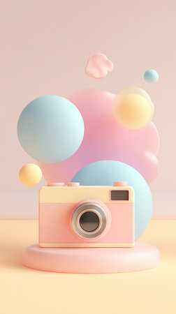 A charming pastel-toned image featuring a camera, spheres, and a soft, dreamy aesthetic.の素材