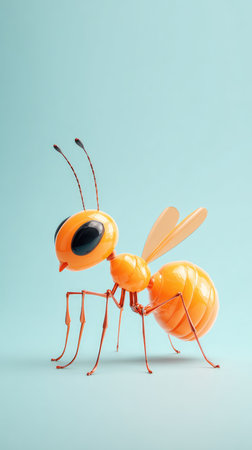 An orange ant figurine stands against a light blue backdrop.の素材