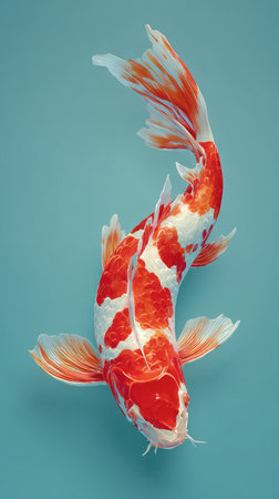 A vibrant koi carp fish with orange and white patterns swims in clear water, showcasing its beauty.の素材