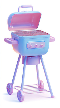 A pastel colored outdoor grill with wheels and a handle, perfect for barbecuing.の素材