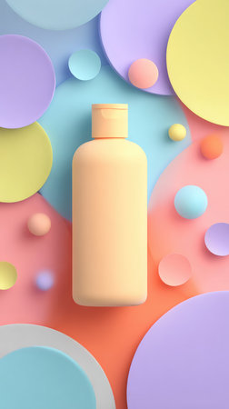 A pastel-colored bottle stands out against a vibrant backdrop of circles and spheres.の素材