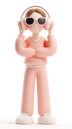 A 3D rendered illustration of a person wearing headphones and sunglasses, dressed in a pink outfit.の素材