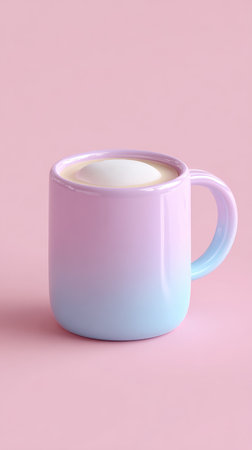 A beautiful pastel mug filled with a creamy drink, set against a soft pink backdrop.の素材