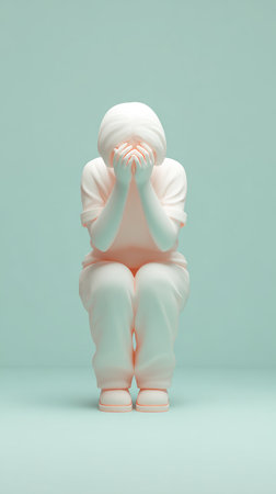 A person is sitting down and covering their face. The room is pale.の素材