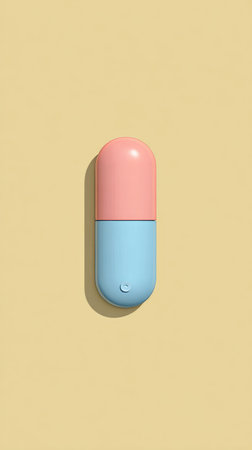 A close-up shot of a pink and blue capsule medicine on a yellow background.の素材