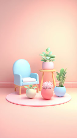 A charming pastel-colored room featuring a blue chair, a round rug, and various potted plants, creating a peaceful and inviting atmosphere.の素材