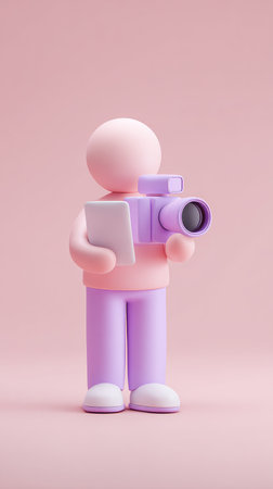 A 3D rendered illustration of a person holding a camera, in a pastel color scheme.の素材