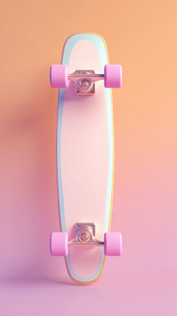 A pastel-colored skateboard against a gradient background of pink and orange.の素材