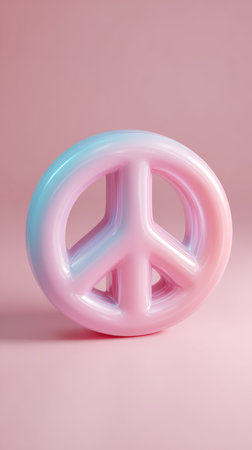 A close-up of a peace symbol in pink and blue on a pink background.の素材
