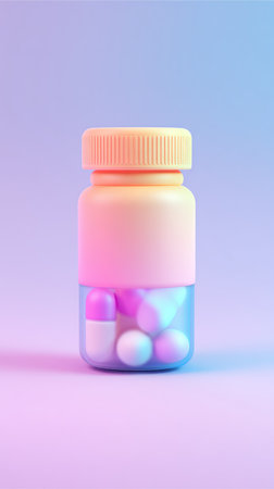 A close-up shot of a pill bottle filled with various colorful pills and capsules, with a gradient background.の素材