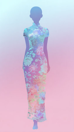 A woman in a beautiful floral dress, standing in front of a gradient background.の素材