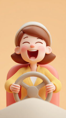 Happy woman driving a car, enjoying a road trip, smiling and feeling joyful. Perfect for travel and lifestyle themes.の素材