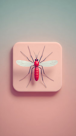 A detailed illustration of a red mosquito on a pink square, set against a gradient background.の素材