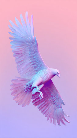 An eagle in flight, bathed in soft pink and purple light, creating a dreamy and artistic image.の素材