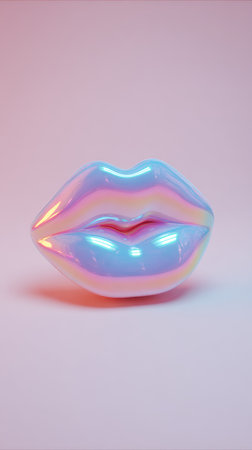 A close-up of a pearlescent lip sculpture against a pastel pink backdrop.の素材