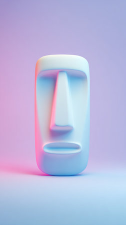 A close-up shot of a Moai statue illuminated with pink and blue light, creating a vibrant and artistic effect.の素材