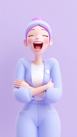 A 3D cartoon of a woman laughing with her arms crossed, expressing joy and happiness.の素材