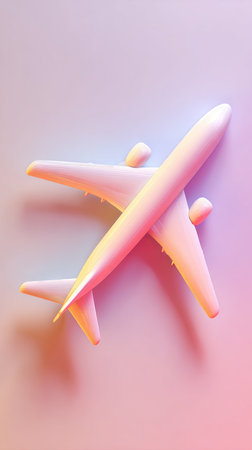 A pink airplane model is placed on a gradient background.の素材