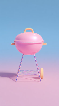 A pink barbecue grill on a pastel background, perfect for summer cooking and outdoor gatherings.の素材