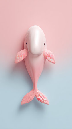 A cute pink beluga whale plush toy on a pastel pink and blue background.の素材