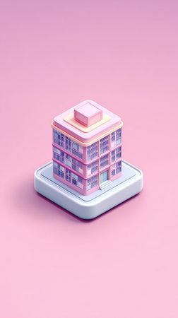 A 3D rendering of a pink building with a square base and a pink background.の素材