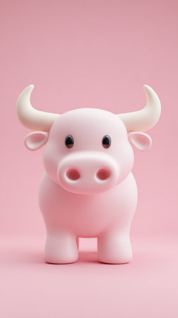 A cute pink bull figurine stands on a pink background, perfect for design.の素材