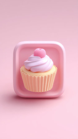 A delightful pink cupcake with frosting and a cherry, presented in a pink square box.の素材