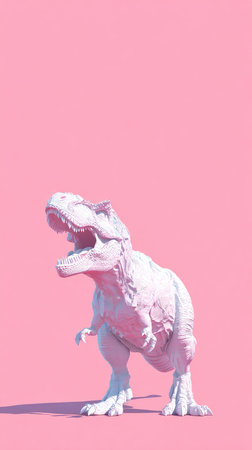 A white dinosaur statue stands out against a soft pink backdrop, creating a playful and artistic image.の素材