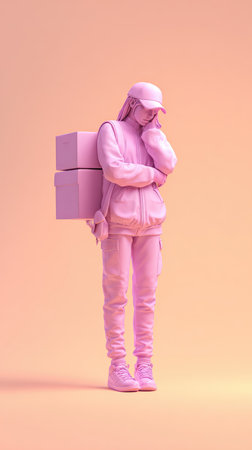 A pink-toned image of a delivery person carrying boxes on their back.の素材