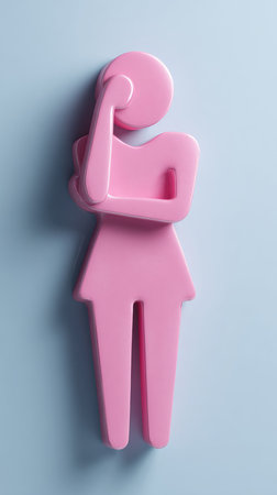 A pink figure in a thinking pose against a blue backdrop.の素材
