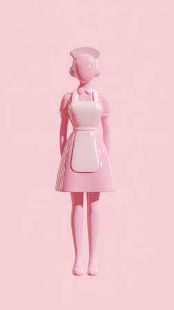 A pink doll stands in a pink environment, a minimalist image.の素材