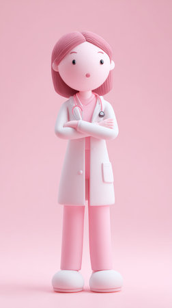 A pink cartoon doctor figure with arms crossed, wearing a white coat, standing on a pink background.の素材